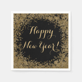 Happy New Year Simple Gold Confetti und Black Serviette