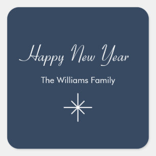 Happy New Year Simple Snowflake Navy Blue Quadratischer Aufkleber