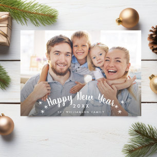 Happy New Year Simple Stars Custom Family Foto Feiertagskarte