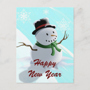 Happy New Year Snowman and Snowflakes Feiertagspostkarte