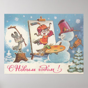 Happy New Year Sowjetpost Karte mit Hasen Künstler Poster
