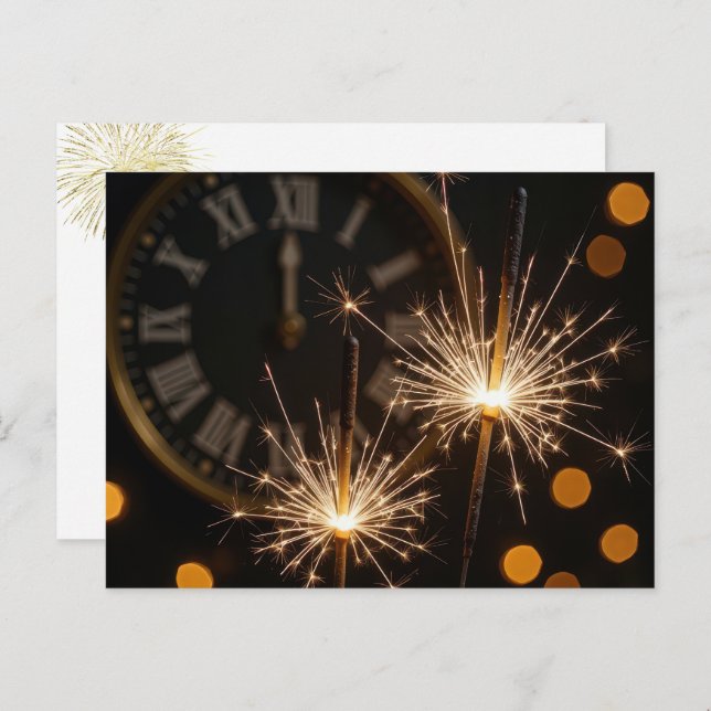 Happy New Year Sparklers On a Midnight Clock Postkarte (Vorne/Hinten)