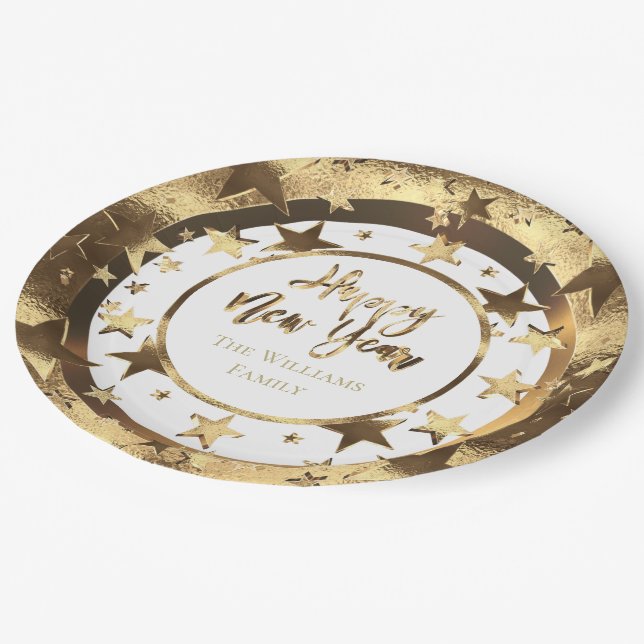 Happy New Year Stars Elegante Imitate Gold und Wei Pappteller (Schrägansicht)