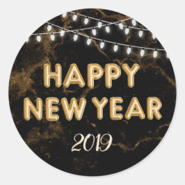 Happy New Year String Lights Gold Balloons Black Runder Aufkleber