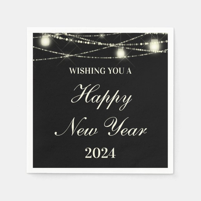 Happy New Year String Lights Jars Black Serviette (Vorderseite)