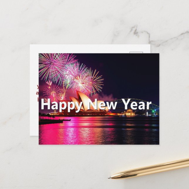 Happy New Year Sydney Australien Nachtlicht Postkarte (Vorderseite/Rückseite Beispiel)