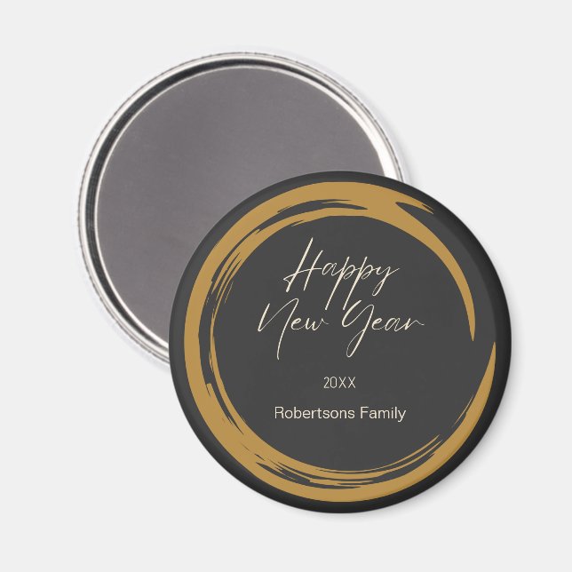 Happy New Year Text Gold Fleck Ring dunkelgrau Magnet (Vorderseite/Rückseite)