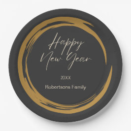 Happy New Year Text Gold Fleck Ring dunkelgrau Pappteller