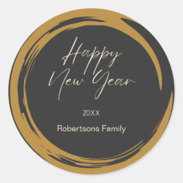 Happy New Year Text Gold Fleck Ring dunkelgrau Runder Aufkleber