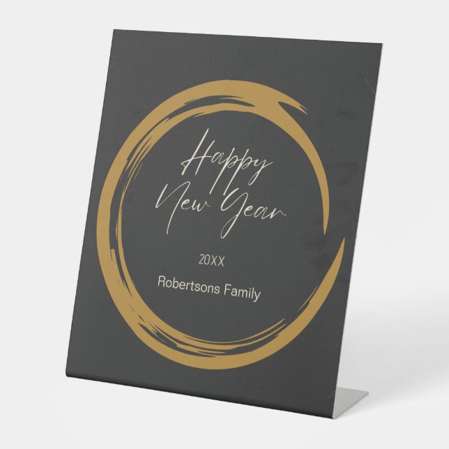 Happy New Year Text Gold Fleck Ring dunkelgrau Sockelschild (Vorderseite)