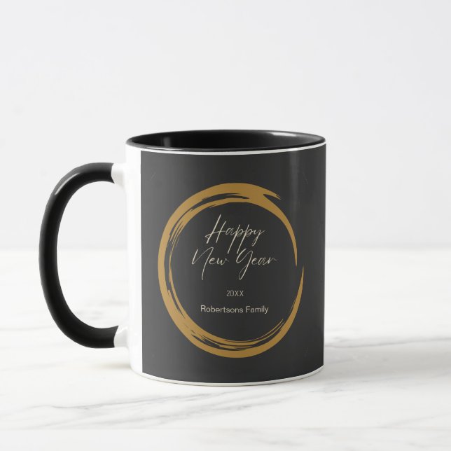 Happy New Year Text Gold Fleck Ring dunkelgrau Tasse (Links)