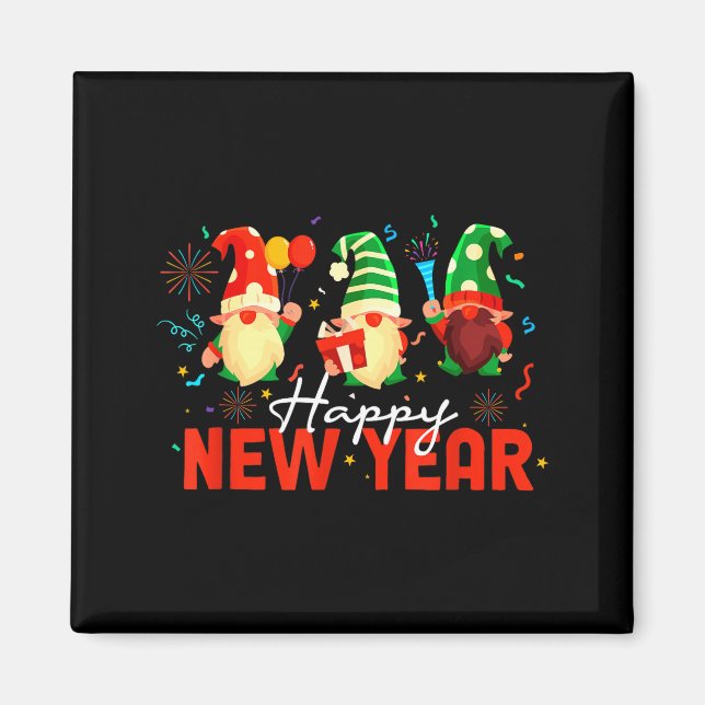 Happy New Year Three Gnomes Fireworks Confetti Nye Magnet (Vorne)