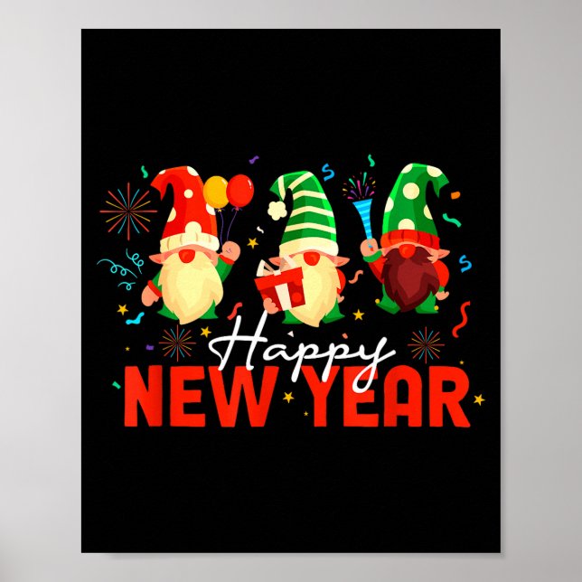 Happy New Year Three Gnomes Fireworks Confetti Nye Poster (Vorne)