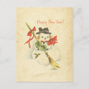 Happy New Year Vintag Snowman Red Bow Holly Broom Feiertagspostkarte