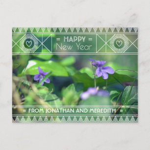 Happy New Year Violet Green Lila Flora Art Deco Postkarte