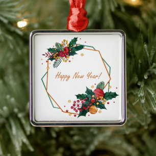 Happy New Year Watercolor Geometric Frame Ornament Aus Metall