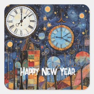 Happy New Year Whimsical Illustration Quadratischer Aufkleber
