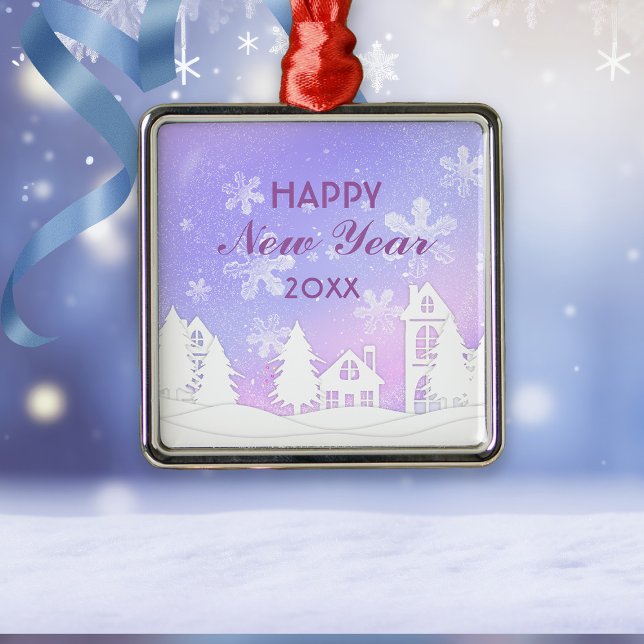 Happy New Year White Snow House Lila Ornament Aus Metall (Von Creator hochgeladen)