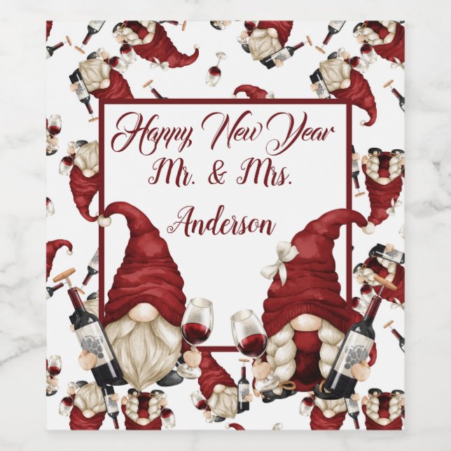 Happy New Year Wine Gnomes Weinetikett (Einzelnes Label)