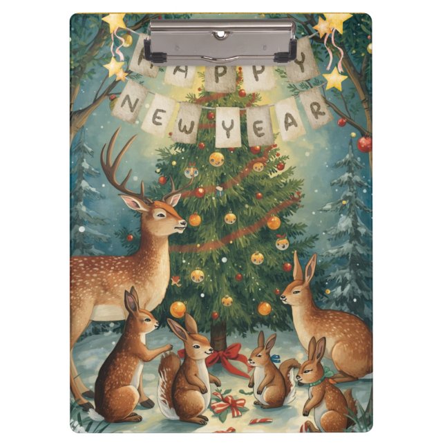 Happy New Year Woodland Animal Klemmbrett (Vorderseite)