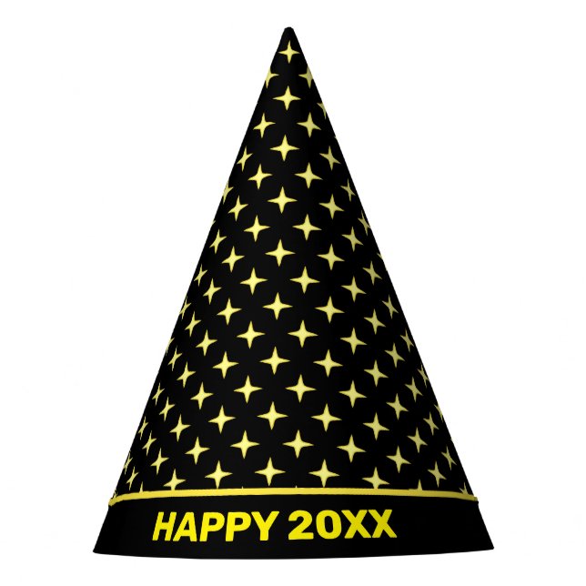 Happy New Year & Yellow Stars auf Black Party Hat Partyhütchen (Vorderseite)