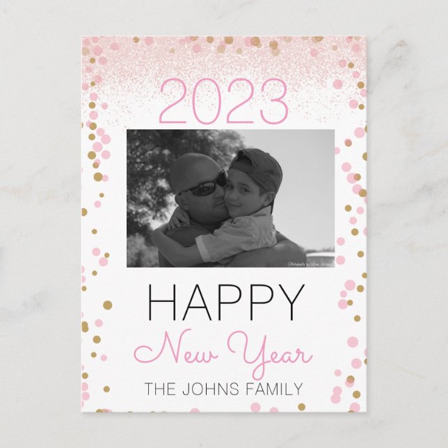 Happy New Years Glitzer Pink Foto Confetti Postkarte (Vorderseite)