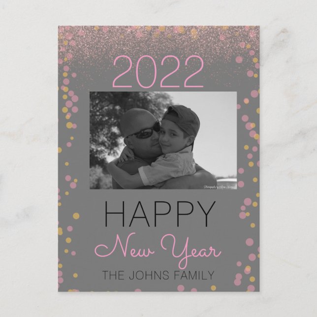 Happy New Years Glitzer Pink Foto Confetti Postkarte (Vorderseite)