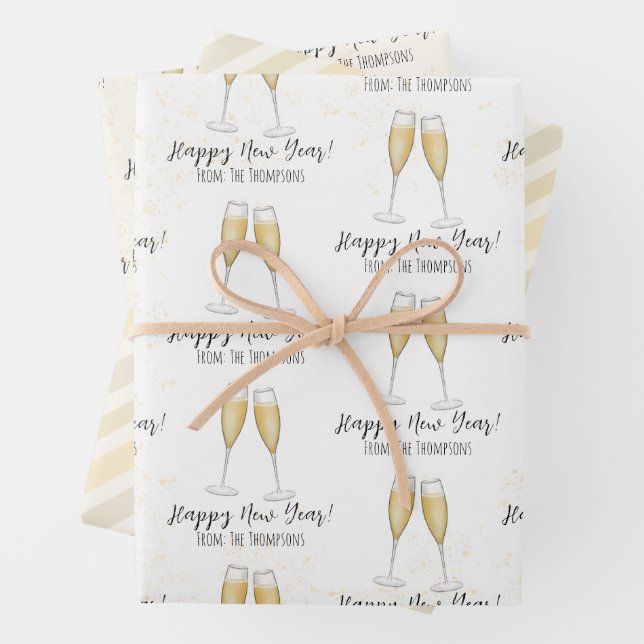 Happy New Years Party Champagne Watercolor Gold Geschenkpapier Set (Beispiel)