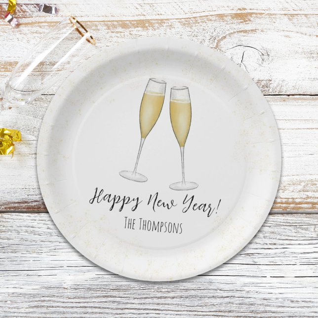 Happy New Years Party Champagne Watercolor Gold Pappteller (New Year's Eve holiday watercolor whimsical champagne flutes paper plate.)