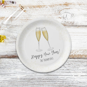 Happy New Years Party Champagne Watercolor Gold Pappteller
