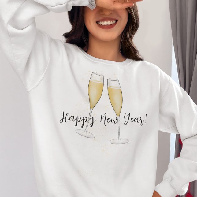 Happy New Years Party Champagne Watercolor Gold Sweatshirt (Happy New Year Whimsical Champagne Glasses. )