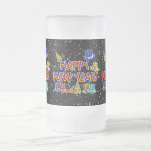 Happy New Years Text mit Party Hats & Confetti Mattglas Bierglas