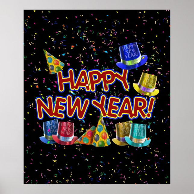 Happy New Years Text mit Party Hats & Confetti Poster (Vorne)