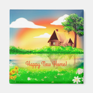 Happy New Zuhause Cabin Scene Square Magnet