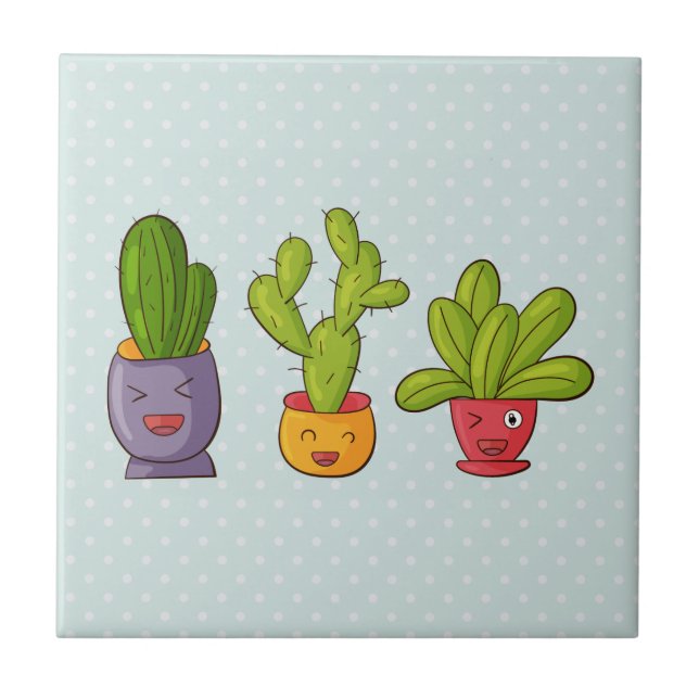 Happy Niedlich Cactus in Blume Pots Fun Illustrati Fliese (Vorderseite)