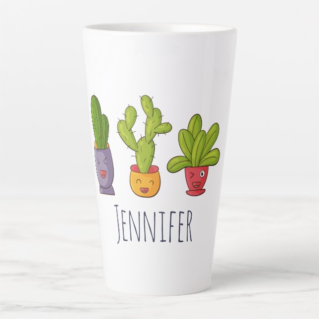 Happy Niedlich Cactus in Blume Pots Fun Illustrati Milchtasse (Vorderseite)
