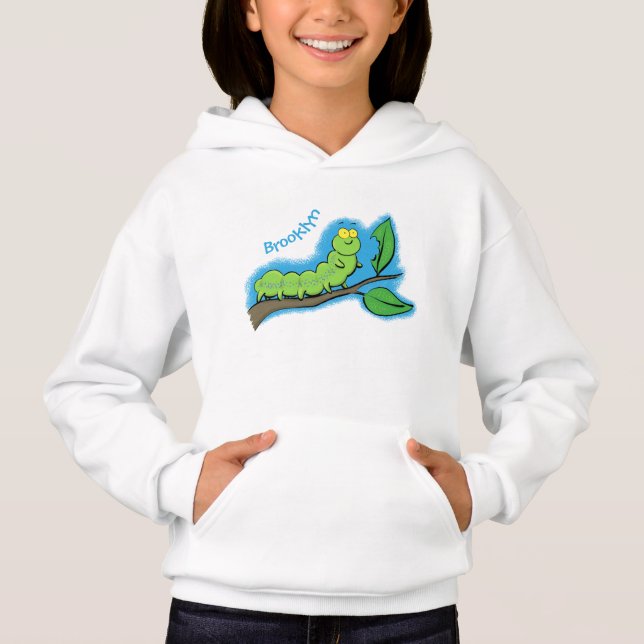 Happy niedlich Green Raupe Cartoon Illustration Hoodie (Vorderseite)