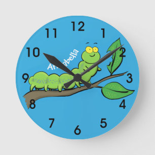 Happy niedlich Green Raupe Cartoon Illustration Runde Wanduhr