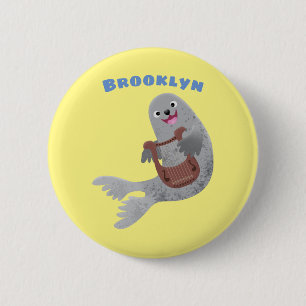 Happy niedlich Harp Siegel Cartoon Illustration Button