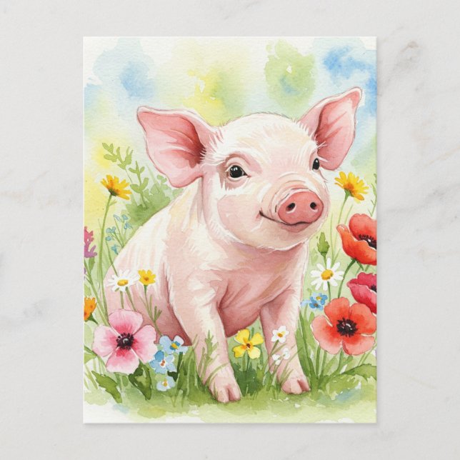 Happy Niedlich Pig Blume Junge Tiere Postkarte (Vorderseite)
