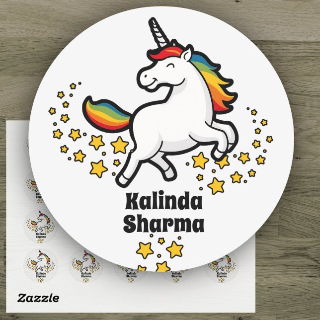 Happy Niedlich Rainbow Unicorn Student Name Label Runder Aufkleber (Von Creator hochgeladen)