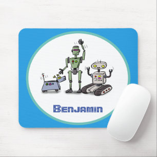 Happy niedliche Roboter Trio-Cartoon auf blauem Hi Mousepad