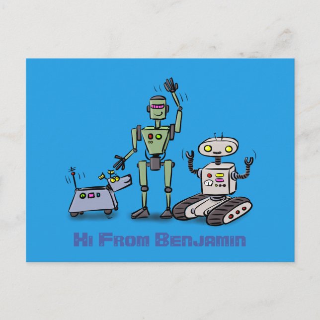 Happy niedliche Roboter Trio-Cartoon auf blauem Hi Postkarte (Vorderseite)