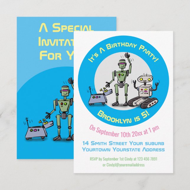 Happy niedliche Roboter Trio Cartoon Einladung (Vorne/Hinten)