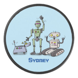 Happy niedliche Roboter Trio-Cartoon Eishockey Puck