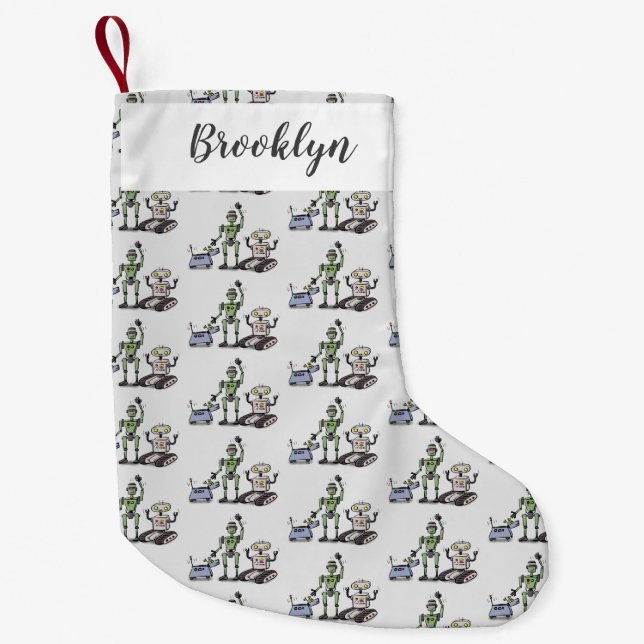 Happy niedliche Roboter Trio-Cartoon Kleiner Weihnachtsstrumpf (Vorderseite)