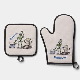 Happy niedliche Roboter Trio-Cartoon Ofenhandschuh & Topflappen-Set