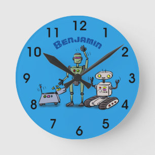Happy niedliche Roboter Trio-Cartoon Runde Wanduhr