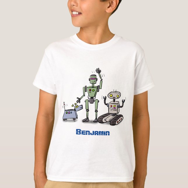 Happy niedliche Roboter Trio-Cartoon T-Shirt (Vorderseite)