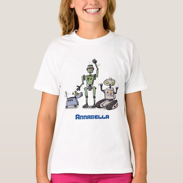 Happy niedliche Roboter Trio-Cartoon T-Shirt (Vorderseite)